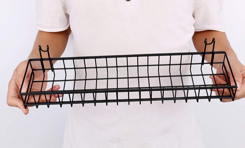 ANZOME Wire Wall Basket, Grid Basket with Hooks, Wall Mounted Organizer for Wall Grid, Kitchen Organizer, Wire Storage Shelf Rack for Home Supplies, Wall Decoration(Black) - Image 3